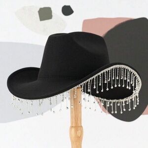 NIB black womens cowboy hat with hanging rhinestones